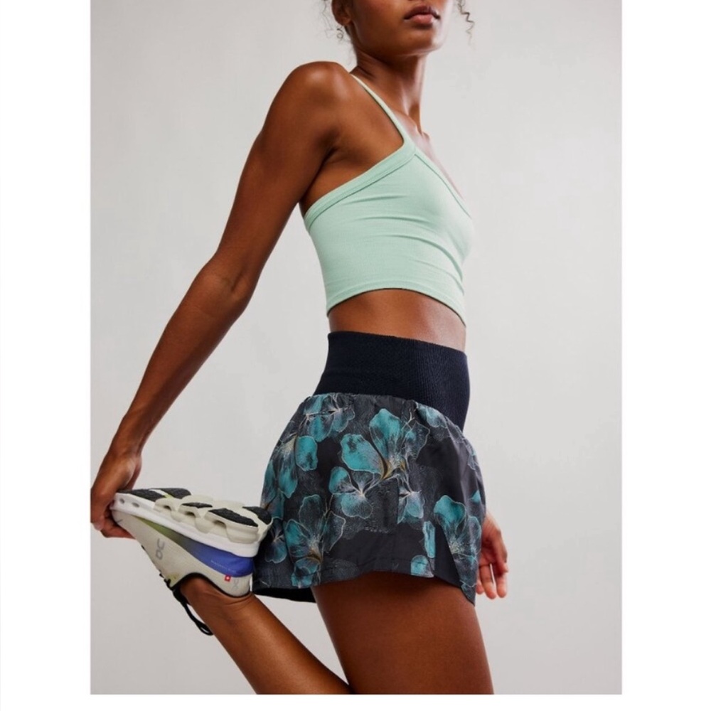 Free People Black Floral Athletic Shorts with Teal Accents